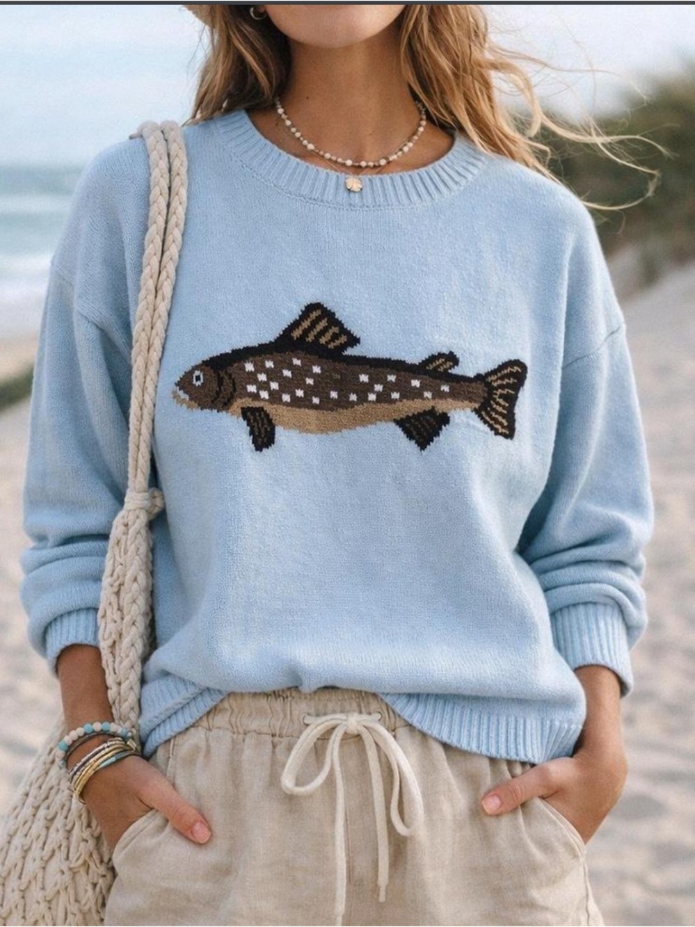 Trout fish boutique Light Blue Fish Motif Crewneck Sweater - Women Size medium